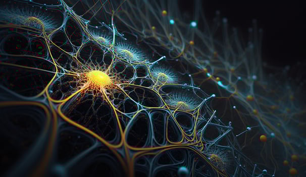 , Conceptual illustration of neuron cells with glowing link knots in abstract dark space, high resolution. Human nervous system, neural network photo