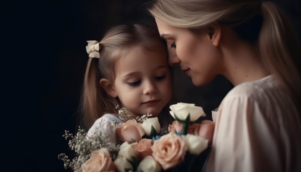 Little girl holding flowers, hugging her mother and celebrating mother's day. photo