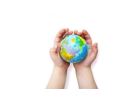 Environment for future, save the planet concept. World globe in child hands top view with copy space photo