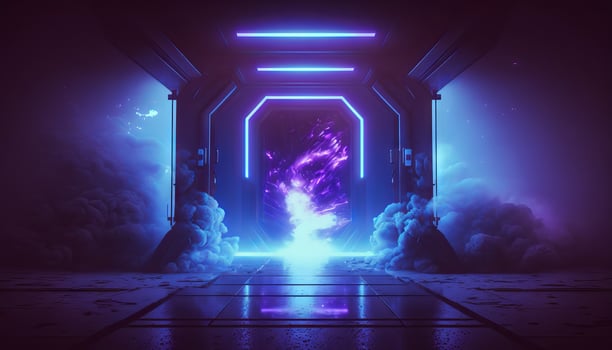 Smoke Fog Futuristic Hall Corridor with Neon Laser Led Blue Purple Glowing Tunnel Metal Reflection. photo