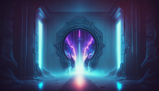 Smoke Fog Futuristic Hall Corridor with Neon Laser Led Blue Purple Glowing Tunnel Metal Reflection. photo
