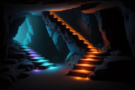 A cave with steps leading to the stairs photo