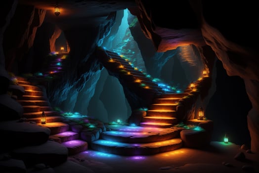 A cave with steps leading to the stairs photo
