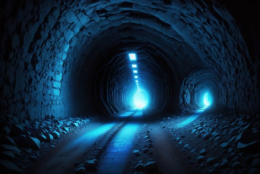 A dark tunnel with a blue light and a blue light photo