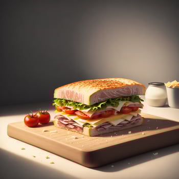 sandwiches on a cutting board with ham cheese and tomato photo