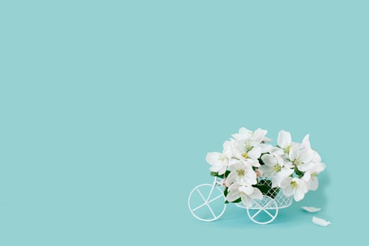 A bicycle toy with white flowers on a blue background. The concept of celebration, banner. Copy space. The beginning of spring and the holiday photo