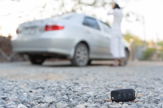 Lost car keys on the ground, Car keys dropped on the floor or fall lying on the street home front . Walking Away From Lost Car Key, can not transport, express, rush time, wast time, emergency photo
