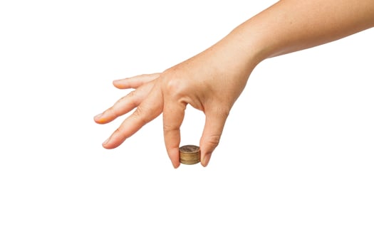 hand holding coin stack on white photo