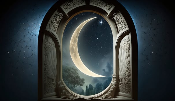Mystical window with crescent moon in night sky, Islamic greeting Eid Mubarak for Muslim Holidays. Eid-Ul-Adha festival celebration. Arabic Ramadan Kareem, Generate Ai photo