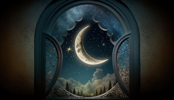 Mystical window with crescent moon in night sky, Islamic greeting Eid Mubarak for Muslim Holidays. Eid-Ul-Adha festival celebration. Arabic Ramadan Kareem, Generate Ai photo