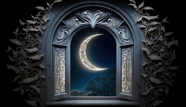 Mystical window with crescent moon in night sky, Islamic greeting Eid Mubarak for Muslim Holidays. Eid-Ul-Adha festival celebration. Arabic Ramadan Kareem, Generate Ai photo
