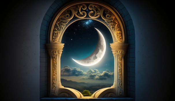 Mystical window with crescent moon in night sky, Islamic greeting Eid Mubarak for Muslim Holidays. Eid-Ul-Adha festival celebration. Arabic Ramadan Kareem, Generate Ai photo