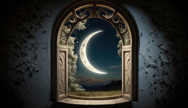 Mystical window with crescent moon in night sky, Islamic greeting Eid Mubarak for Muslim Holidays. Eid-Ul-Adha festival celebration. Arabic Ramadan Kareem, Generate Ai photo