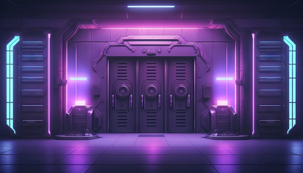 Vibrant Glowing purple and blue neon Laser on a Futuristic Sci-Fi Stage. photo