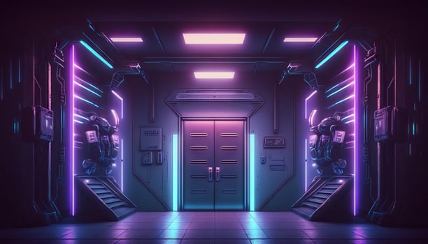 Vibrant Glowing purple and blue neon Laser on a Futuristic Sci-Fi Stage. photo