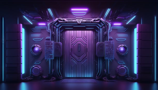 Vibrant Glowing purple and blue neon Laser on a Futuristic Sci-Fi Stage. photo