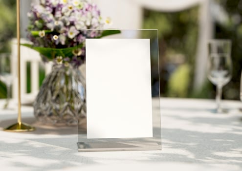 Mockup white blank space card, for greeting, table number, wedding invitation template. with clipping path. 3d rendering photo