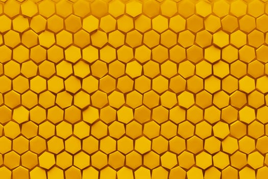 3d illustration of a  yellow  honeycomb monochrome honeycomb for honey. Pattern of simple geometric hexagonal shapes, mosaic background. photo