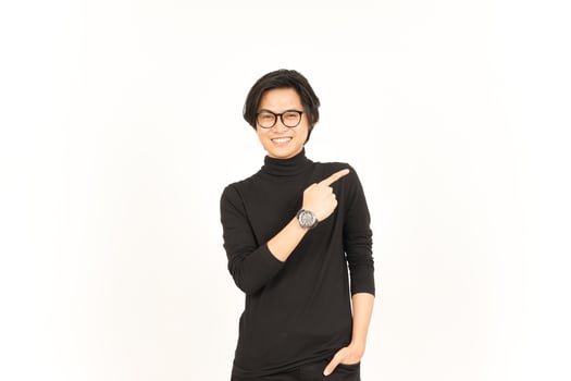 Showing Product and Pointing Side using forefinger Of Handsome Asian Man Isolated On White photo