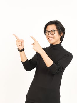Showing Product and Pointing Side using forefinger Of Handsome Asian Man Isolated On White photo