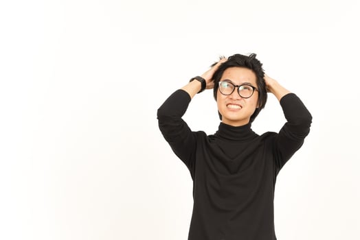 Angry Stressed and Pull Hair Of Beautiful Asian Man Isolated On White Background photo