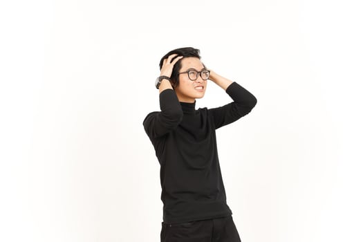 Angry Stressed and Pull Hair Of Beautiful Asian Man Isolated On White Background photo