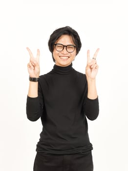 Smile and Showing Peace Sign Of Handsome Asian Man Isolated On White Background photo