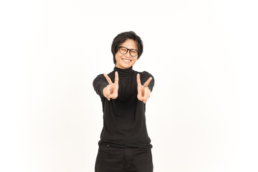 Smile and Showing Peace Sign Of Handsome Asian Man Isolated On White Background photo
