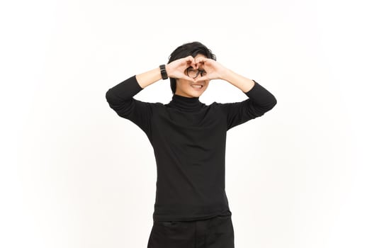 Smile and Showing Love Sign Of Handsome Asian Man Isolated On White Background photo