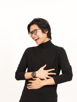 Hand on Stomach and Hard Laughing Of Handsome Asian Man Isolated On White Background photo