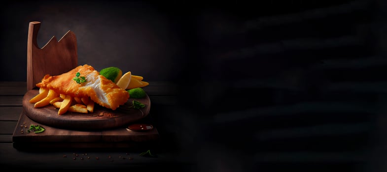 fish and french fries realistic product showcase for food photography photo