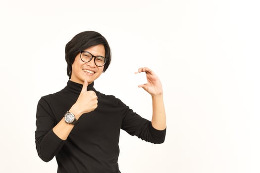 Holding and Showing Blank Credit or Bank Card Of Handsome Asian Man Isolated On White Background photo