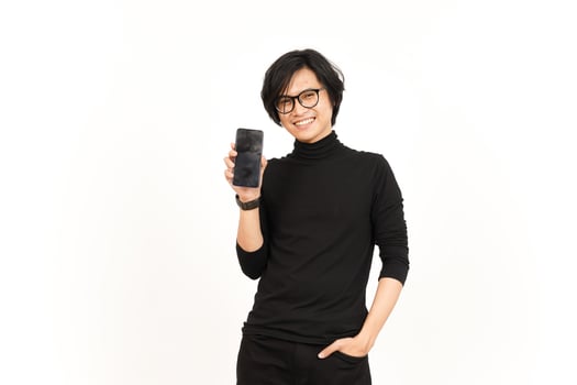 Showing Apps or Ads On Blank Screen Smartphone Of Handsome Asian Man Isolated On White Background photo