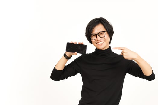 Showing Apps or Ads On Blank Screen Smartphone Of Handsome Asian Man Isolated On White Background photo