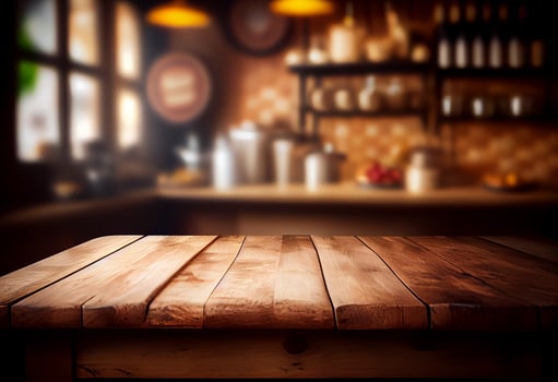 Empty wooden table and blurred background of coffee shop or restaurant. For product display photo