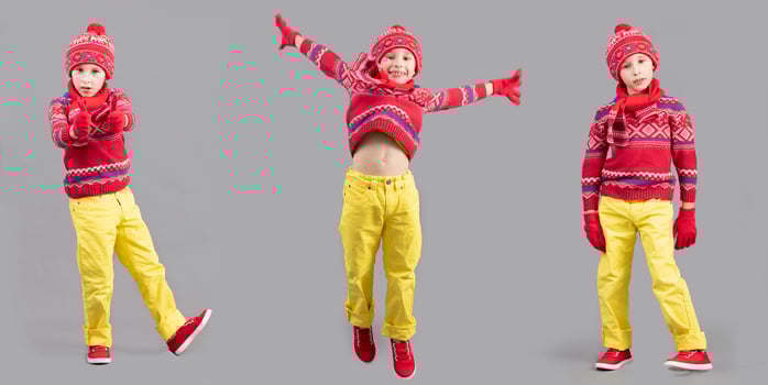 Collage child in warm clothes. Three boys in a red hat and sweater and sneakers. Fashionable boy in the studio. photo