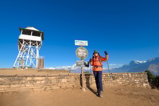 A young traveller trekking in Poon Hill view point in Ghorepani, Nepal photo