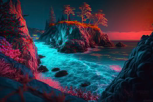 Fantasy sea coast, neon colors. . photo