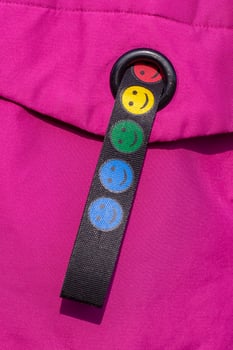 Multicolored smiling emoticons on a fabric strap. Black strap on a red background. Vertical. photo