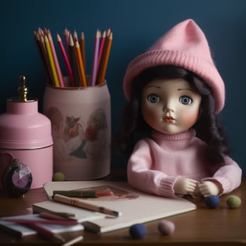 A baby doll on bed and on wooden table photo