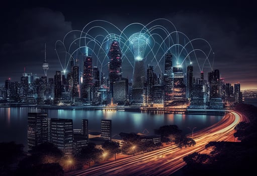 Abstract image of modern city and network connection concept. 3D Rendering photo
