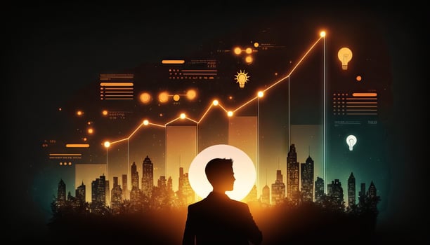 a silhouette Businessman holding creative light bulb with growth graph. photo