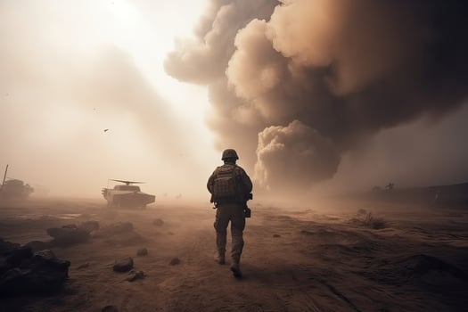 Lone soldier walking on the battlefield. Illustration of a military man walking on an empty destroyed environment. Destruction, war scene. Smoke and fog. Sad combat feeling. . photo