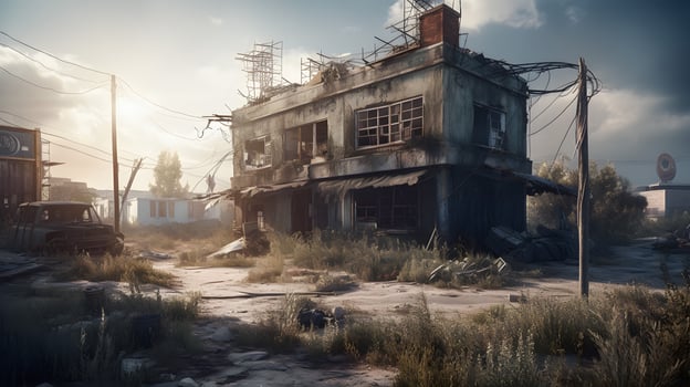 Post-apocalyptic ruined city. Destroyed buildings, burnt-out vehicles and ruined roads. photo