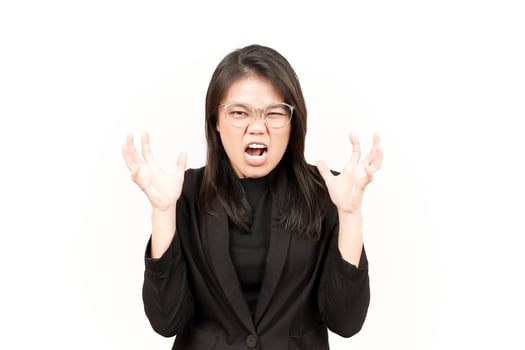 Angry Gesture Of Beautiful Asian Woman Wearing Black Blazer Isolated On White Background photo