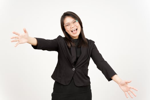 Offering Hug Of Beautiful Asian Woman Wearing Black Blazer Isolated On White Background photo