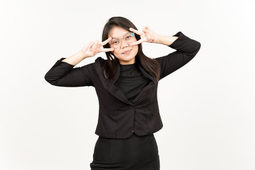 Showing Peace Sign Of Beautiful Asian Woman Wearing Black Blazer Isolated On White Background photo