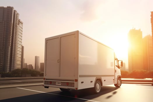 Rear angle view of delivery truck run on the road with sunrise cityscape,fast delivery,cargo logistic photo
