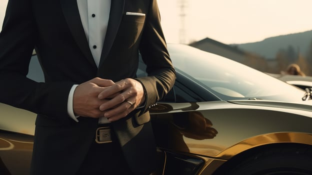 A Close-Up of a Rich Businessman Standing in Front of a Luxurious Supercar. photo
