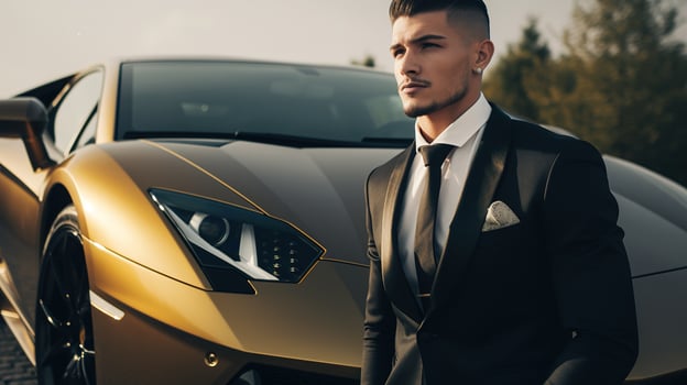 A Close-Up of a Rich Businessman Standing in Front of a Luxurious Supercar. photo